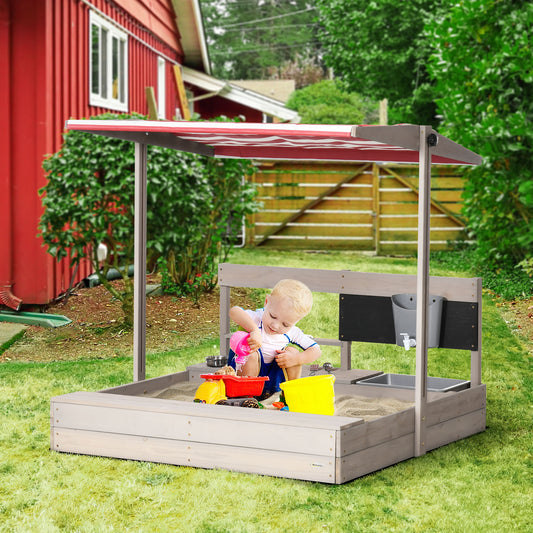 Outsunny Kids Wooden Sandbox w/ Canopy, Kitchen Toys, Seat, Storage, for 3-7 Years Old Outdoor Play