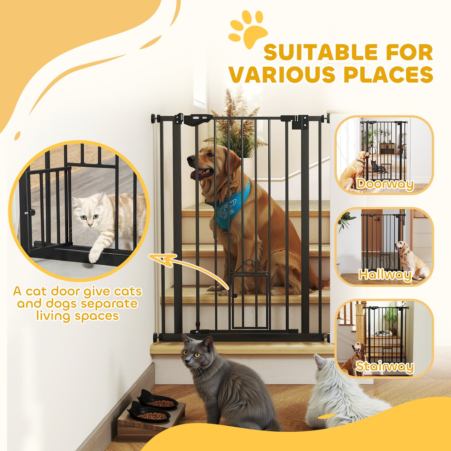 بوابة PawHut Extra Tall Pet Gate، بوابة أمان للكلاب في الأماكن المغلقة، مع فتحة للقطط، إغلاق تلقائي، عرض 74-80 سم - أسود