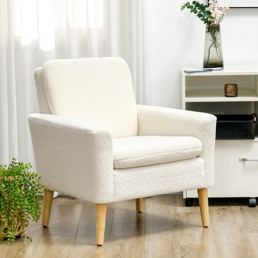 HOMCOM Armchair, Upholstered Accent Chair with Wood Legs and Wide Padded Seat, Teddy Occasional Chair, Cream White