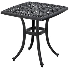 Outsunny Cast Aluminium Bistro Table, Outdoor Square Side Table with Umbrella Hole, Garden Table for Balcony, Black