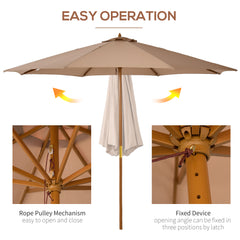 Outsunny 3(m) Garden Umbrella Wooden Parasol 8 Ribs Bamboo Sun Shade Patio Outdoor Umbrella Canopy Khaki