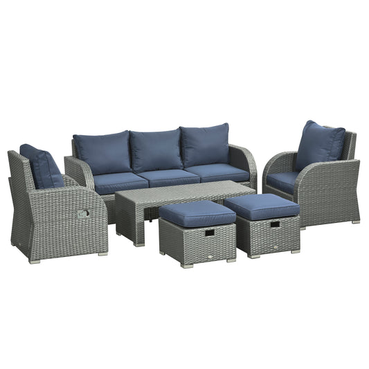 Outsunny Six-piece Outdoor Rattan Dining Set, with Reclining Armchairs - Blue