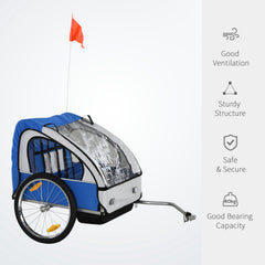 HOMCOM 2 Seat Bike Trailer Bicycle wagon for Kids Child Steel Frame Safety Harness Seat Carrier Hitch Coupler Blue White 130 x 76 x 88 cm