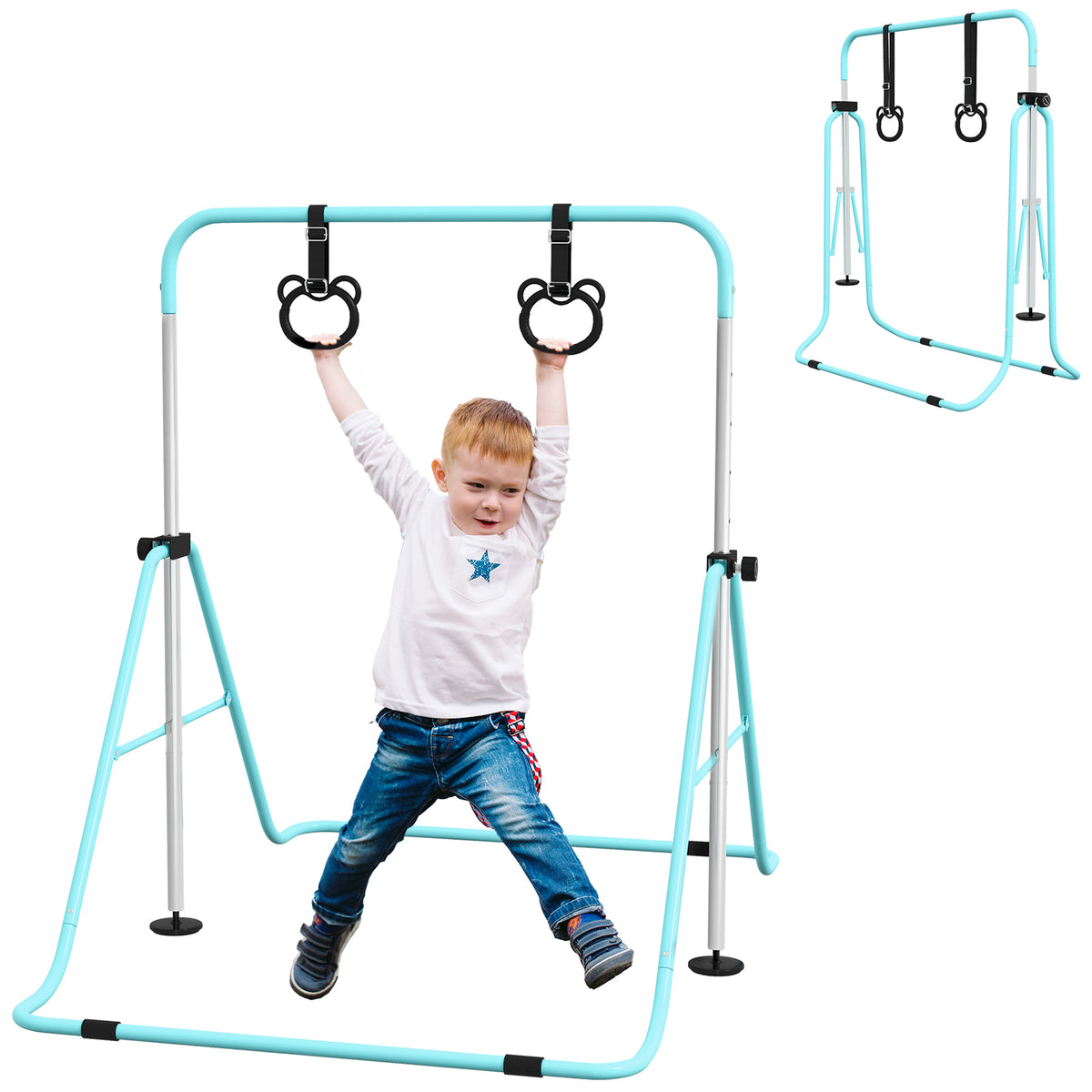 HOMCOM Adjustable Height, Foldable Kids Gymnastics Bar w/ Non-slip Rubber Floor Rings, for 3+ Years, Green