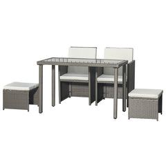 Outsunny 2 Seater Rattan Cube Garden Furniture Set, Rattan Dining Set with Cushions, Outdoor Dining Table and Chairs with 2 Armchairs, 2 Stools, Rectangular Glass Top Table for Patio, Balcony, Grey