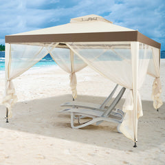 10 x 10ft Double Tiered Canopy Gazebo Garden Shelter Tent-Beige