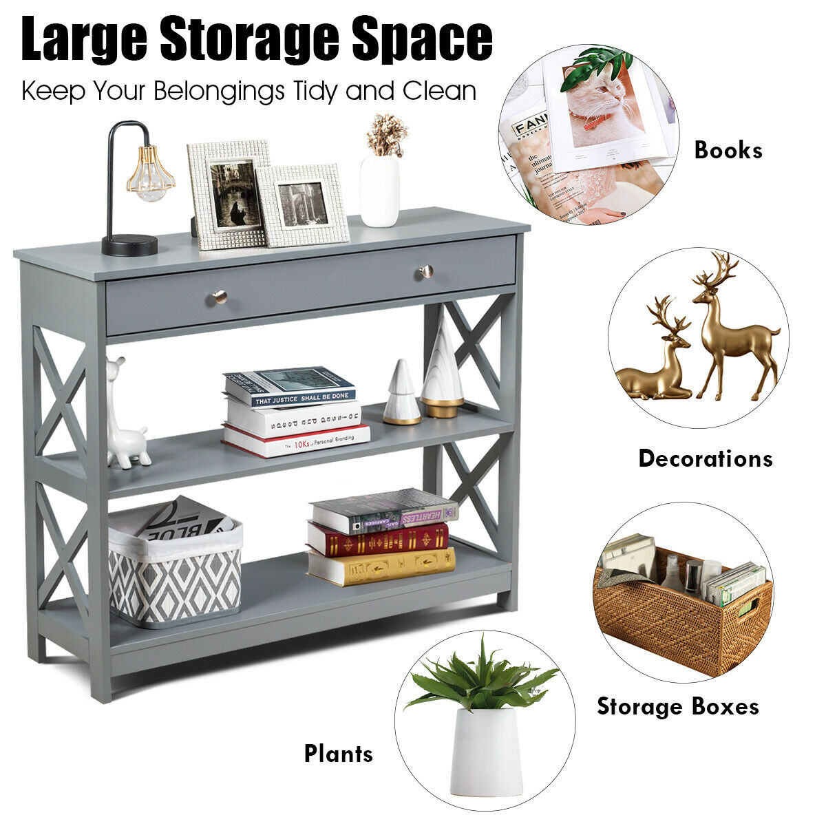 3-Tier Console Table with 1 Drawer and 2 Storage Shelves-Grey