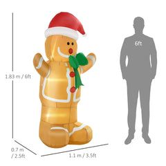 HOMCOM 6ft Christmas Inflatable Gingerbread Man & Santa Hat Safe Outdoor Decoration w/ LED Lights Accessories