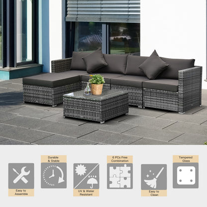 Outsunny 6 Pieces Outdoor Rattan Corner Sofa Set, Patio Aluminium Frame with All-weather Wicker Conversation Furniture w/ Coffee Table & Cushions, Grey