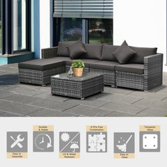 Outsunny 6 Pieces Outdoor Rattan Corner Sofa Set, Patio Aluminium Frame with All-weather Wicker Conversation Furniture w/ Coffee Table & Cushions, Grey