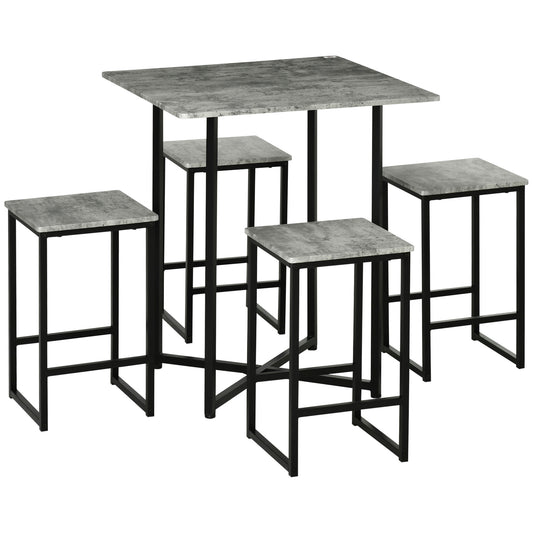 HOMCOM 5pc Bar Table Set, Square Dining Table Set for 4 People, Home Kitchen Breakfast Bar Set with Steel Frame and Footrest, Concrete Grey