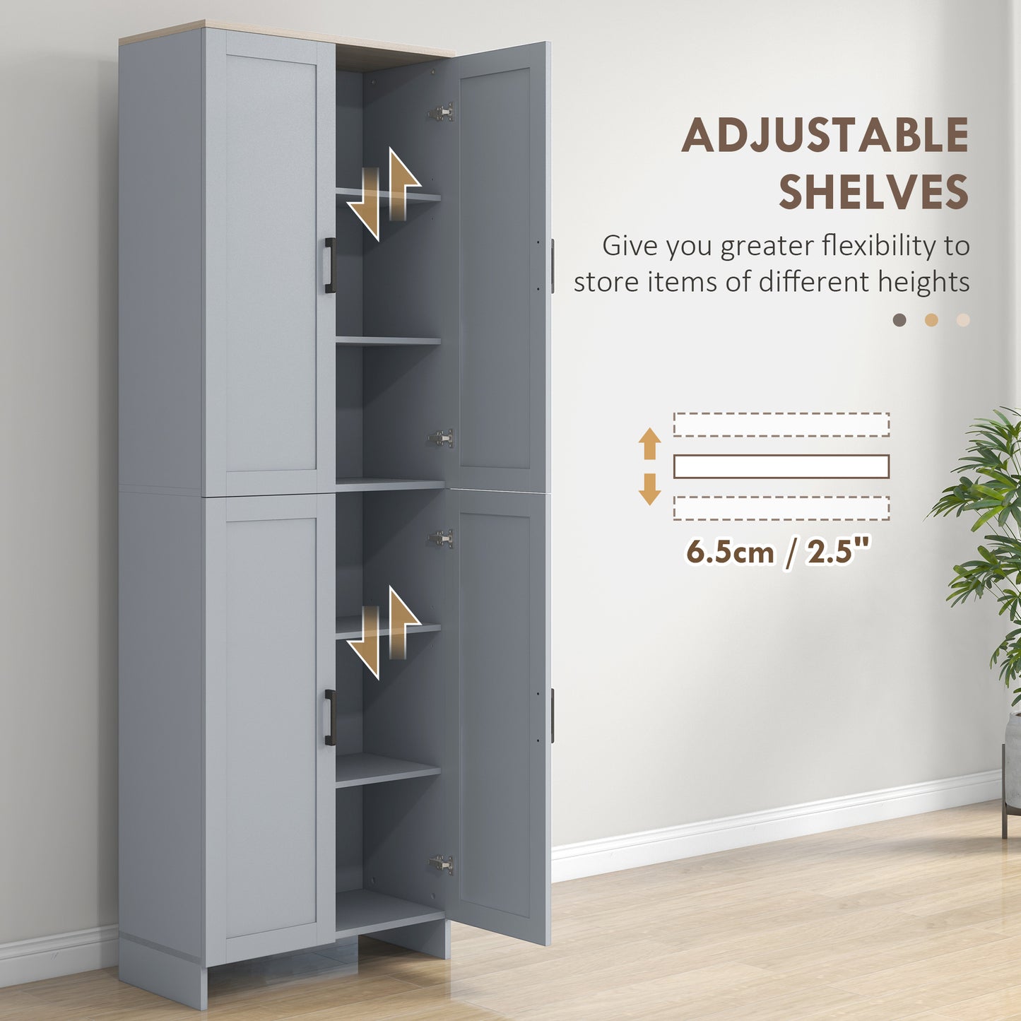 HOMCOM Freestanding Kitchen Cupboard, 4-Door Storage Cabinet with Adjustable Shelves, Modern Kitchen Pantry for Dining Room, 170cm, Grey