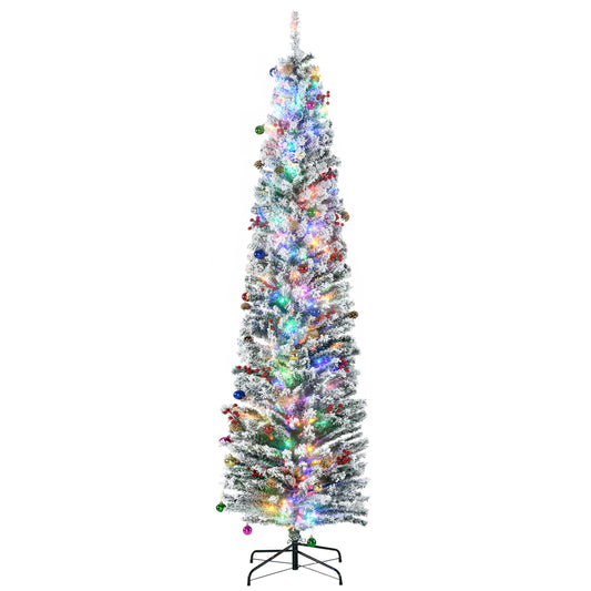 HOMCOM 7.5' Artificial Prelit Christmas Trees Holiday D√É¬©cor with Colourful LED Lights, Flocked Tips, Berry, Pine Cone