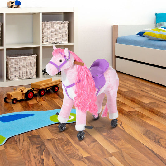 HOMCOM Plush Walking Horse Ride On Toy with Wheels and Realistic Sounds Rocking Horse for Girls Boys 3+ Years Old, 50cm Tall, Pink