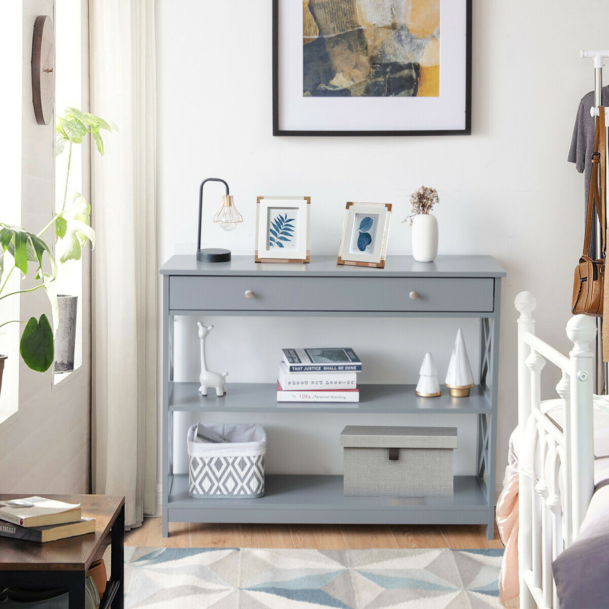 3-Tier Console Table with 1 Drawer and 2 Storage Shelves-Grey