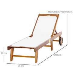 Outsunny Outdoor Acacia Wood Texteline Beach Sun Lounger Garden Patio Sunbed Recliner Chaise Adjustable Backrest with Wheels