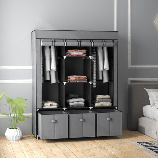 HOMCOM Fabric Wardrobe for Bedroom, Portable Wardrobe with 5 Shelves, 2 Hanging Rails and 3 Fabric Drawers, Foldable Closet, 125 x 43 x 162.5cm, Dark Grey