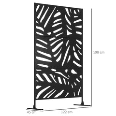 Outsunny Decorative Privacy Screen with Stand, 6.5FT Freestanding Metal Outdoor Divider, Decorative Privacy Panel with Expansion Screws for Garden Patio Pool Hot Tub, Leaf Style, Black