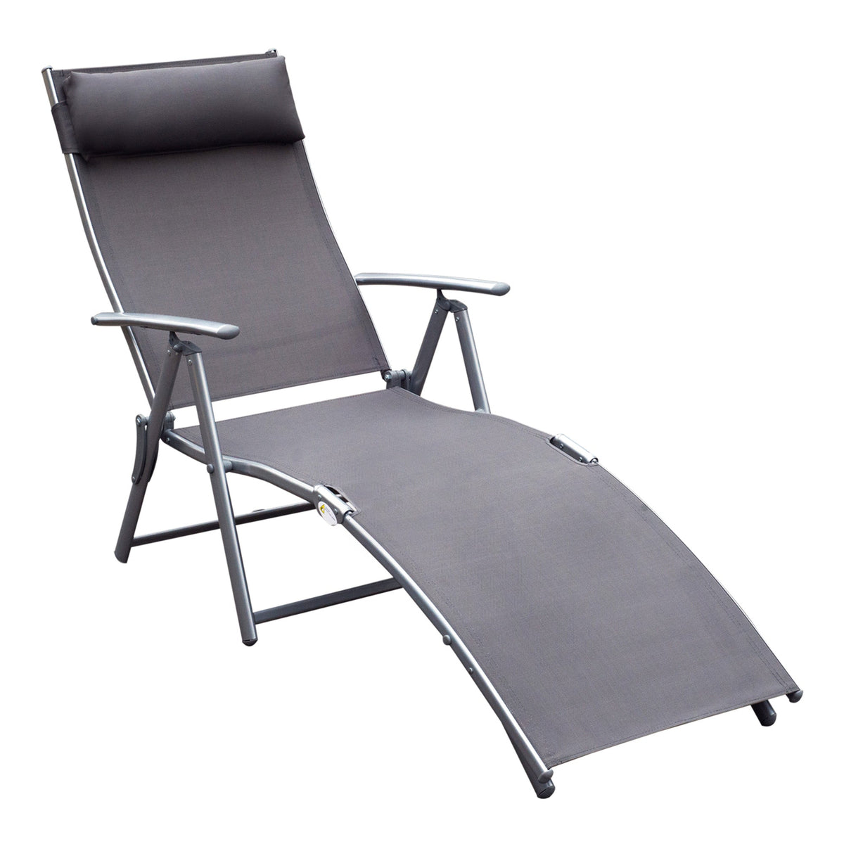 Outsunny Sun Lounger Steel Frame Outdoor Folding Chaise Texteline Lounge Chair Recliner with Headrest & 7 Levels Adjustable Backrest, Grey