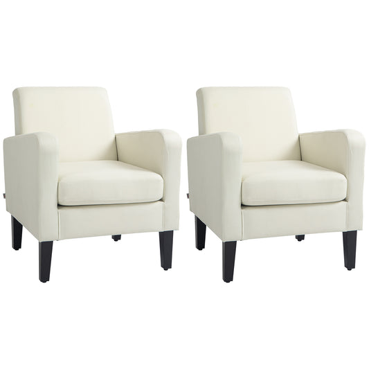 HOMCOM 2 Pieces Modern Armchairs with Rubber Wood Legs, Upholstered Accent Chairs, Single Sofa for Living Room, Bedroom, Cream White