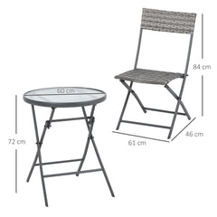 Outsunny 3 Pieces Rattan Bistro Set, Wicker Folding Garden Furniture Set with Glass Top Coffee Table and Chairs for Outdoor, Patio, Balcony, Grey