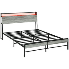 HOMCOM Double Steel Bed Frame, with LED Lights and Headboard Shelf - Grey