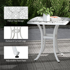 Outsunny Cast Aluminium Bistro Table, Outdoor Square Side Table with Umbrella Hole, Garden Table for Balcony, White