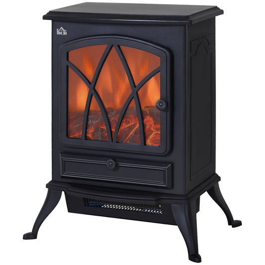 HOMCOM Electric Stove Heater with Realistic Flame Effect, 2000W Portable Indoor Freestanding Electric Fireplace with Adjustable Thermostat, Black