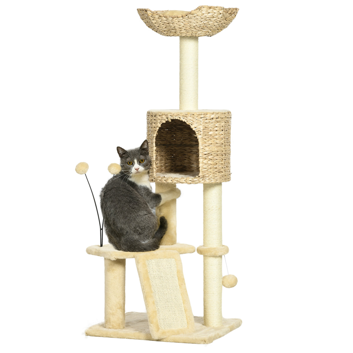 PawHut Cat Tree Tower with Scratching Post, Cat House, Bed, Toy Ball, Platform - Beige