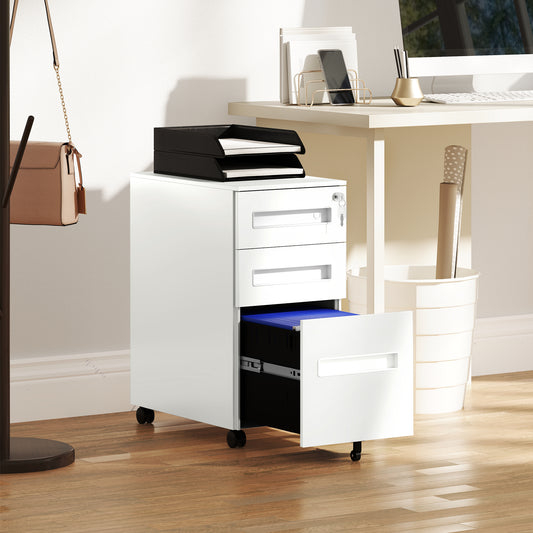 Vinsetto Metal Mobile File Cabinet with Wheels, Lockable 3 Drawer Filing Cabinet for A4, Legal, Letter, Under Desk Office Cabinet with Pre-Assembled Body for Home Office, 30 x 43.5 x 60 cm, White