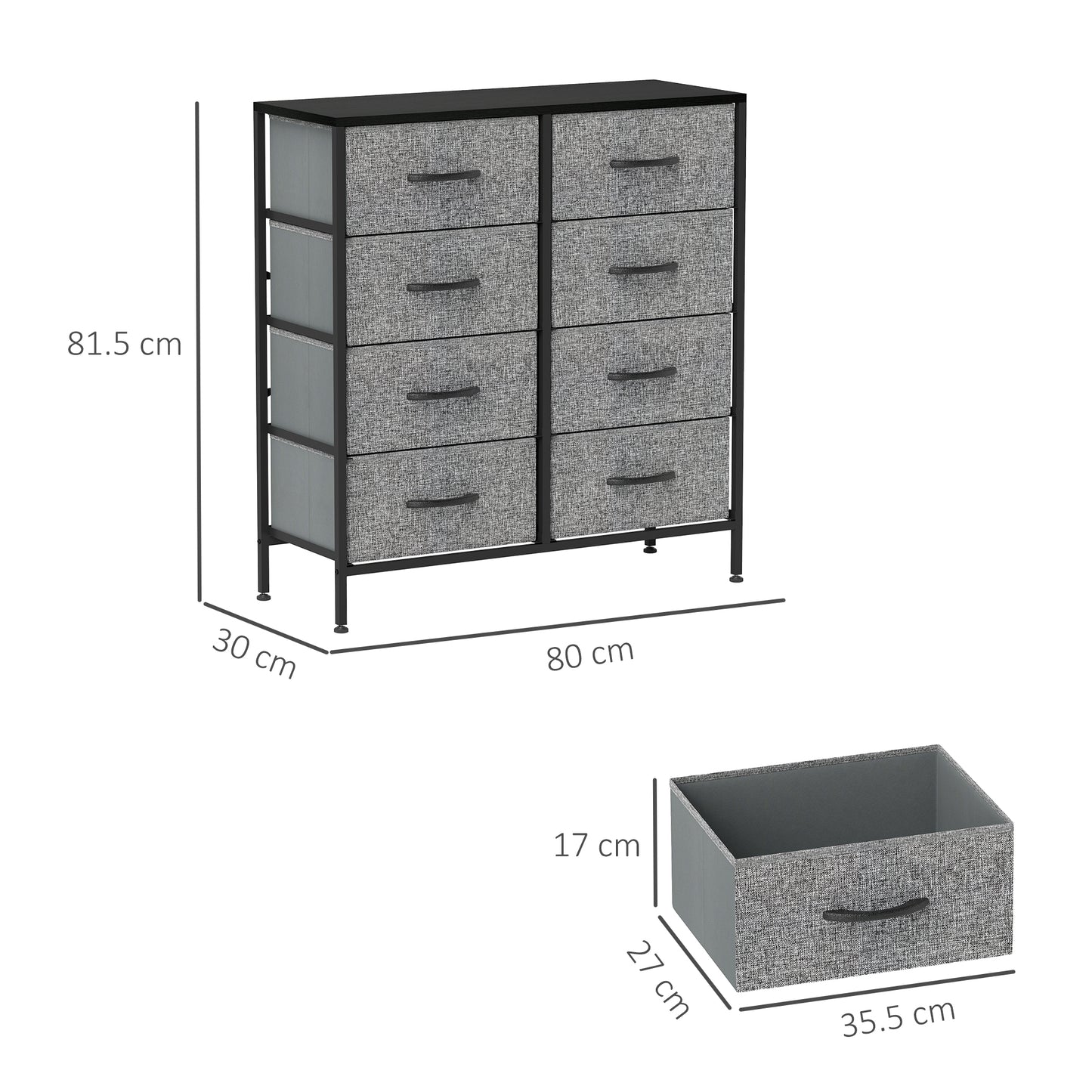 HOMCOM Fabric Chest of Drawers, Storage Drawers, Industrial Bedroom Dresser with 8 Fabric Drawers, Steel Frame and Wooden Top for Nursery, Living Room, Hallway, Black