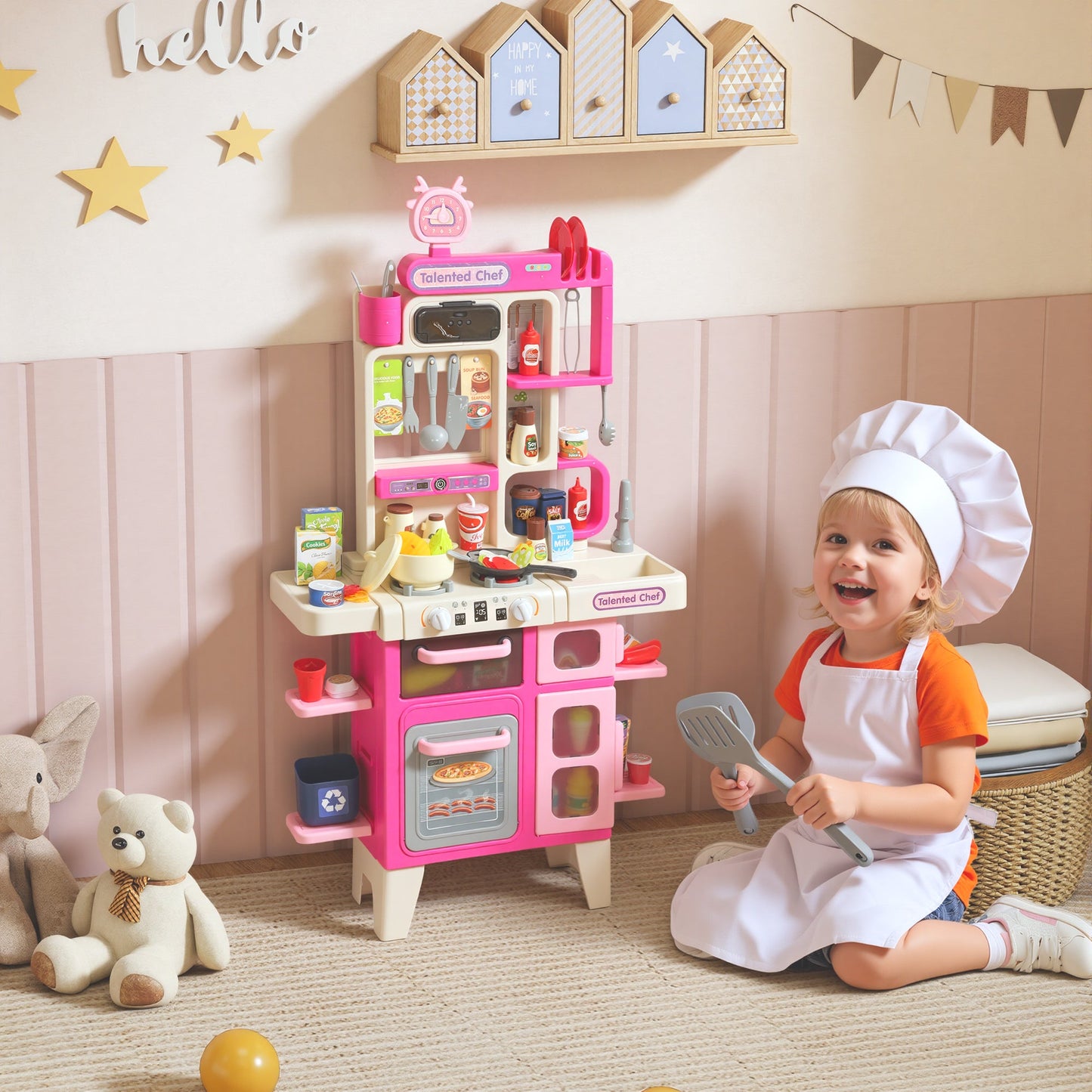 AIYAPLAY Pretend Play Kitchen Set with Realistic Lights & Sounds, 104PCS Toy Kitchen Accessories for Boys and Girls, Pink