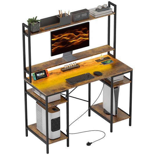 مكتب كمبيوتر من HOMCOM مع منافذ طاقة وأضواء LED، مكتب منزلي مع حامل شاشة وحاملين لوحدة المعالجة المركزية، طاولة دراسة ومكتب ألعاب مع خزانة، بني ريفي
