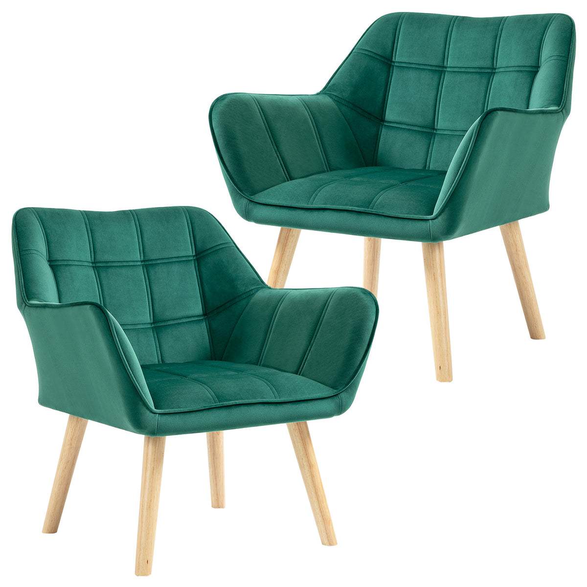 HOMCOM Armchair Accent Chair, Vanity Chair with Wide Arms, Slanted Back, Padding, Metal Frame, Wooden Legs, Home Bedroom Furniture Seating, Set of 2, Green