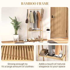 HOMCOM Bamboo Clothes Rack, with Shelves and Hooks - Natural Finish