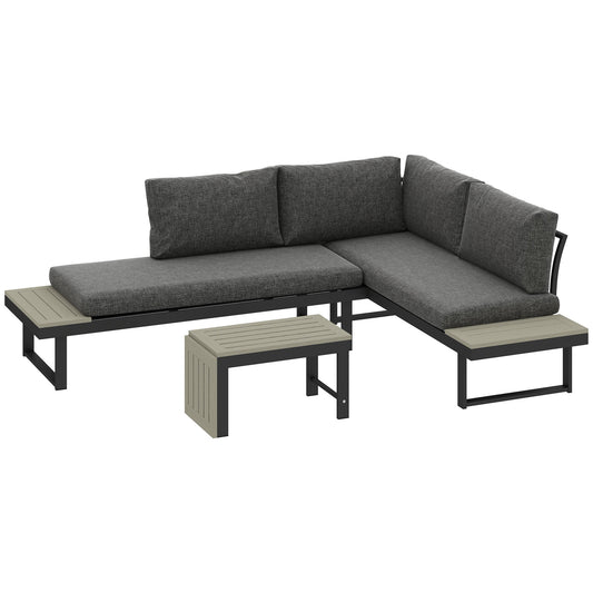 Outsunny 4 Seater L Shaped Aluminium Sectional Garden Furniture Set with 2 Loveseats and Wood-Plastic Coffee Table - Dark Grey