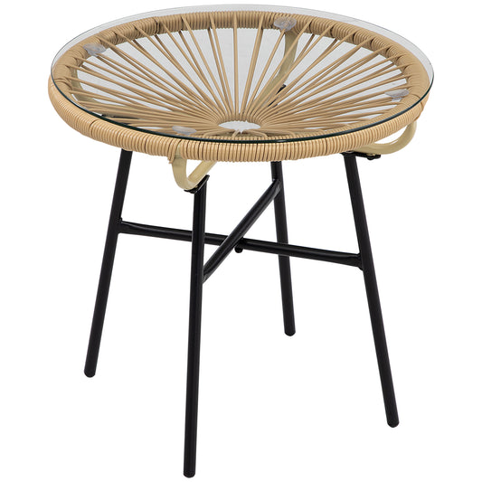 Outsunny Rattan Side Table, Round Outdoor Coffee Table, with Round PE Rattan and Tempered Glass Tabletop for Patio, Garden, Balcony, Beige