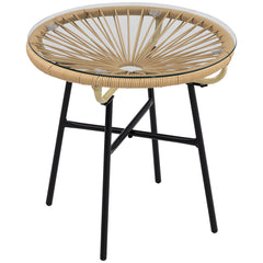 Outsunny Rattan Side Table, Round Outdoor Coffee Table, with Round PE Rattan and Tempered Glass Table Top for Patio, Garden, Balcony, Beige