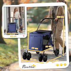 عربة أطفال PawHut Dog Pram ذات 4 عجلات للكلاب الأليفة مع باب دوار ووسادة ومقود أمان للكلاب الصغيرة والمتوسطة الحجم، أزرق داكن