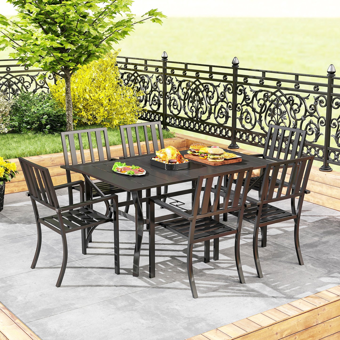Outsunny 7 Pieces Garden Table and Chairs 6 Seater Outdoor Table and Chairs with Umbrella Hole, for Poolside, Garden, Black
