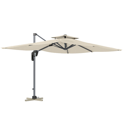 Outsunny 3.7 x 2.7 m Cantilever Parasol w/ 360√Ç¬∞ Rotation and Easy Tilt Adjustment, Aluminium Hanging Offset Outdoor Umbrella w/ Double Top and Cross Base, UPF50+ Hanging Sun Shade, Grey Wood Effect