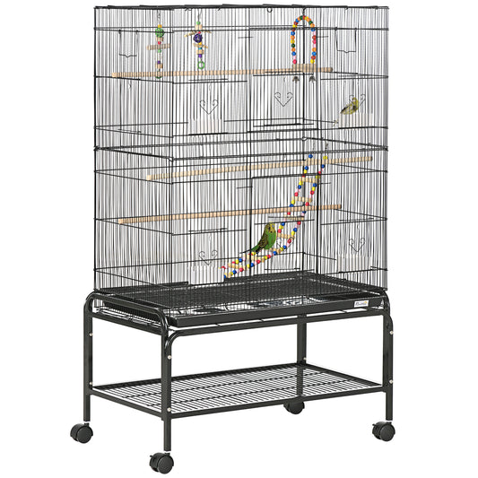 PawHut Large Bird Cage Budgie Cage with Stand, Toys, Wheels, Accessories, Storage Shelf for Canaries, Finches, Lovebirds, Parakeets - Black, 79 x 49 x 133 cm