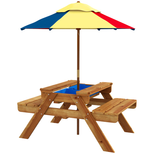 Outsunny Kids Picnic Table Set, 3 in 1 Sand Pit Activity Table, Kids Garden Furniture w/ Removable Parasol, for 3-6 Years