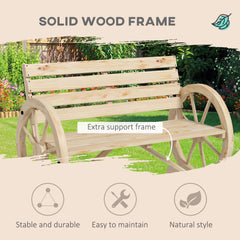 Outsunny Wagon Wheel Chair Bench Armrest Rustic Loveseat Wood Outdoor Garden, Natural