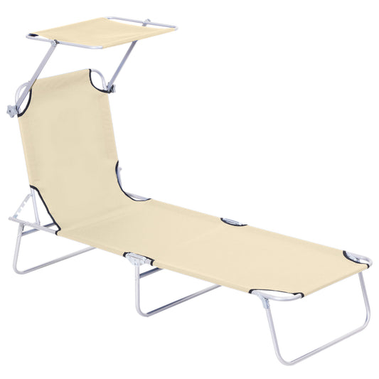 Outsunny Outdoor Foldable Sun Lounger, 4 Level Adjustable Backrest Reclining Sun Lounger Chair with Angle Adjust Sun Shade Awning for Beach, Garden, Patio, Beige