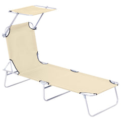 Outsunny Outdoor Foldable Sun Lounger, 4 Level Adjustable Backrest Reclining Sun Lounger Chair with Angle Adjust Sun Shade Awning for Beach, Garden, Patio, Beige