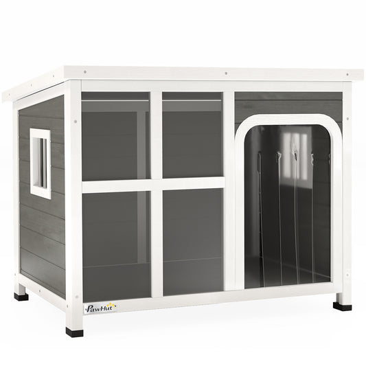 PawHut Wooden Dog House Outdoor with Asphalt Openable Top, Removable Floor, Clear Front Panel, Curtain, 90 x 62 x 71cm