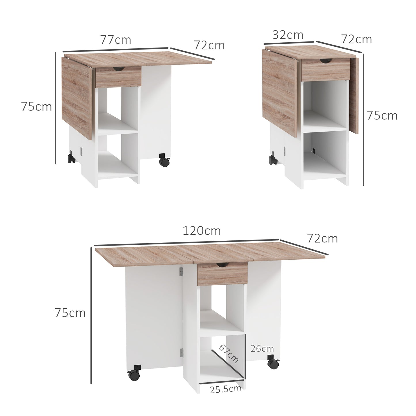 HOMCOM Folding Dining Table, Drop Leaf Table for Small Spaces, Foldable Table with Drawer and Storage Shelves for Kitchen, Dining Room, Oak