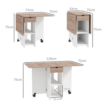 HOMCOM Folding Dining Table, Drop Leaf Table for Small Spaces, Foldable Table with Drawer and Storage Shelves for Kitchen, Dining Room, Oak