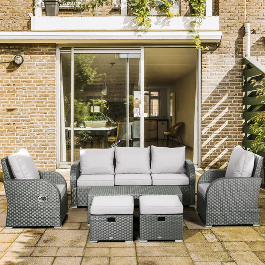 Outsunny Six-piece Outdoor Rattan Dining Set, with Reclining Armchairs - Grey